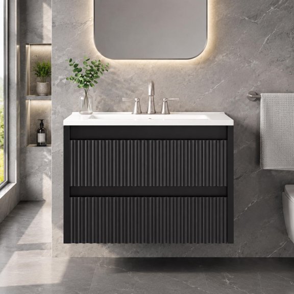 24 Inch Black Floating Bathroom Vanity with Sink Wall Mounted Modern Double Drawer Vanity Set, Waterproof PVC Wavy Board, Ceramic Basin (4" 3-Hole), Compact Design
