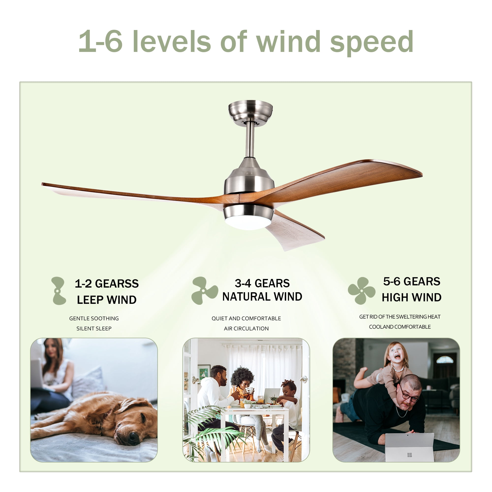 Leumius 52" Solid Wood Blades Ceiling Fan with Light and Remote Control,Quiet DC Motor 3 Blade Ceiling Fans 6 Speed Levels,Reversible for Patio Living Room Bedroom Office Nickel