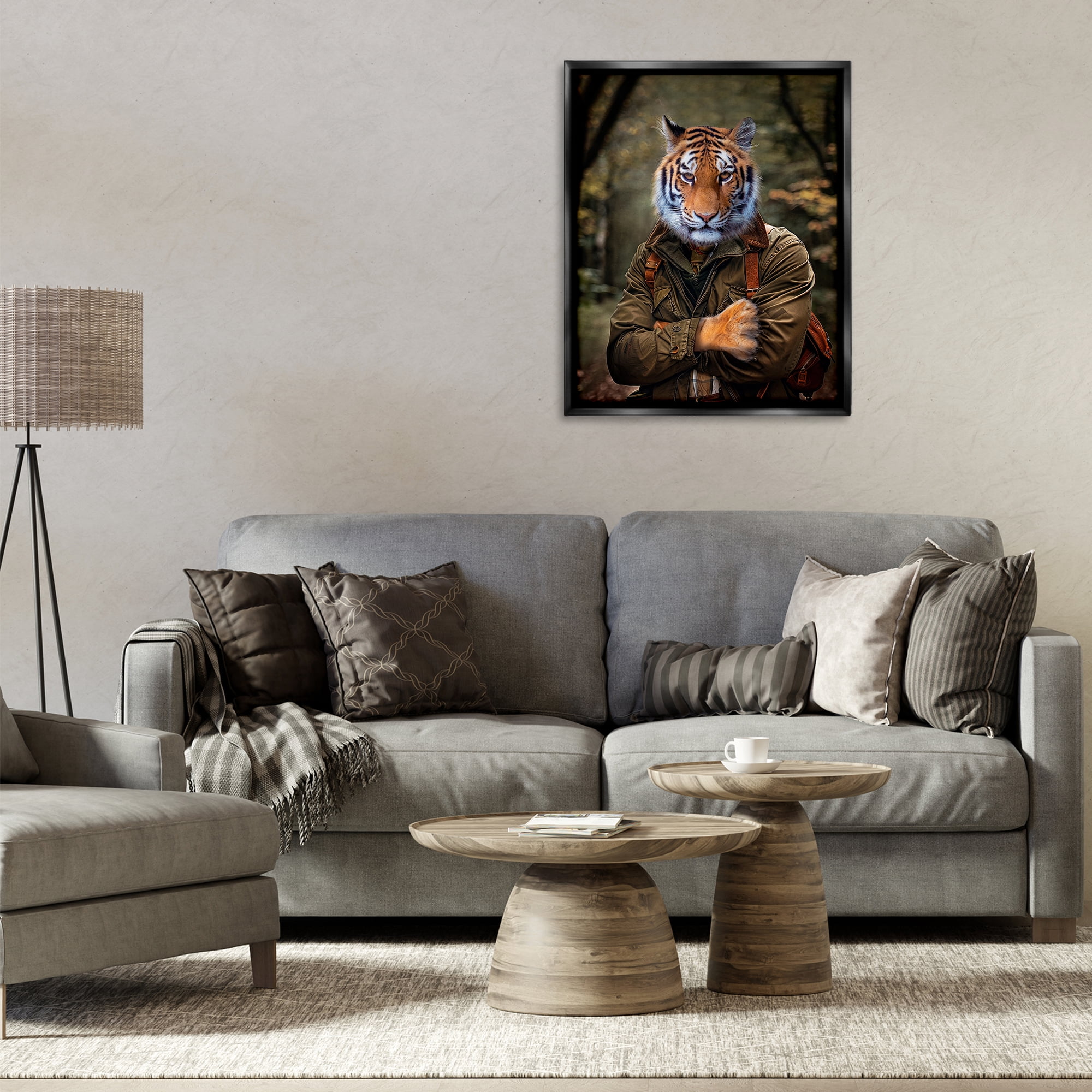 Stupell Industries Tiger in Hiking Attire Animals & Insects Painting Black Floater Framed Canvas Art Print Wall Art, 25 x 31