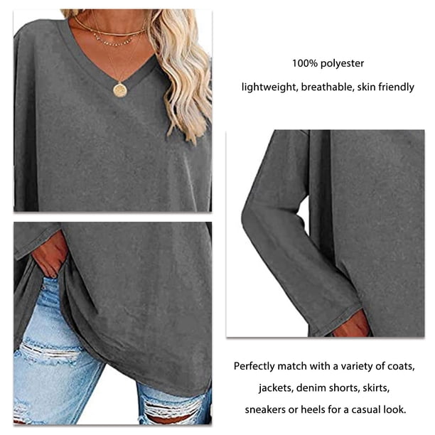 Camiseta De Manga Larga Para Mujer, Cuello En V, Cómoda, Color Sólido, Blusa Informal Para Mujer, Suave Y Elegante Para Uso Diario ANGGREK No