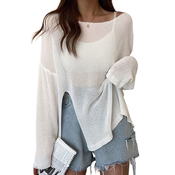 Bsubseach Knit Long Sleeve Bathing Suit Cover up Side Slit Crochet Summer Beach Tops