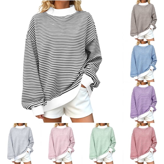 Hilzaten Womens Plus Size Sweatshirt Winter Sport Mock Neck Knitted Long Sleeve Color Block Casual Womens Striped Top