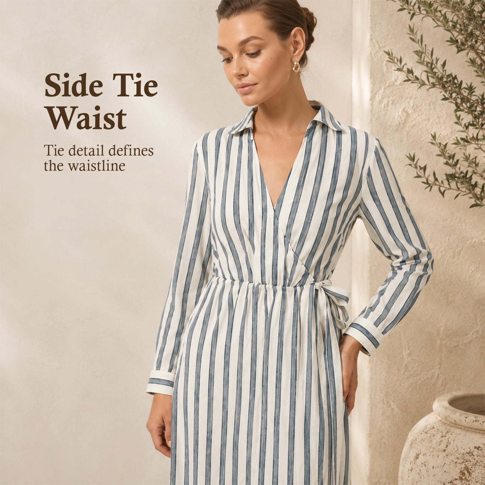 Alvantor Women's Striped Shirt Dress, Long Sleeve Collared Wrap Midi, Rayon Cotton Blend, White Blue Stripe