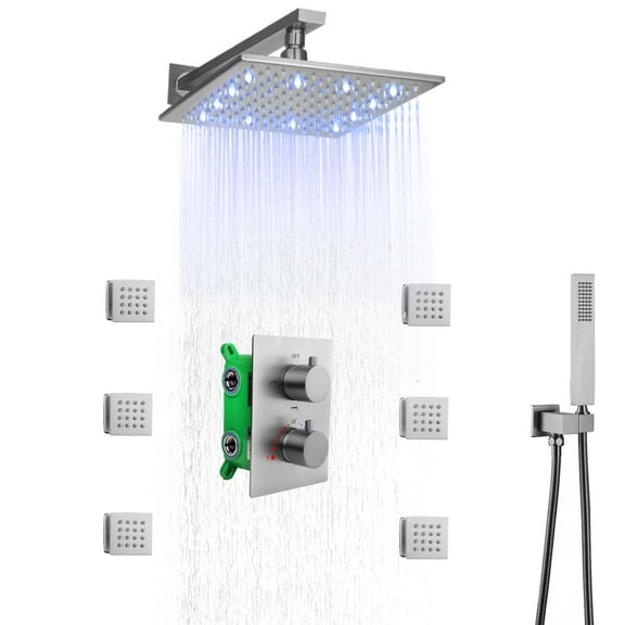 10 Inch LED Rain Shower Head System With Body Jets And Handheld, Luxury Thermostatic Bathroom Shower Kits (Square, Brushed Nickel)