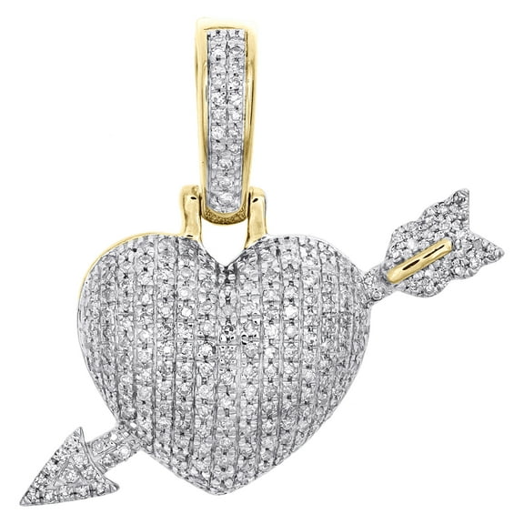 10K Yellow Gold Round Diamond Domed Puff Arrow Heart Pendant 1.10" Charm 1/2 CT.