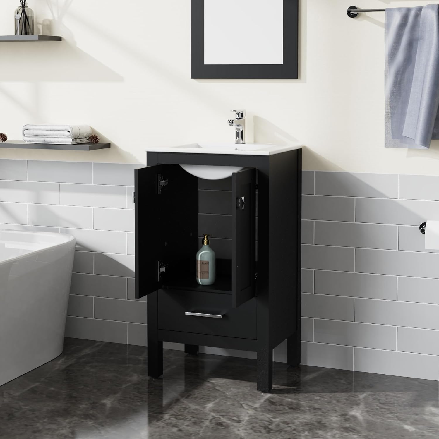 Goodyo 20 inch Bathroom Vanity Sink Combo, Black Bathroom Cabinet with White Sink Top, Black Water-Grain Ripple Pattern