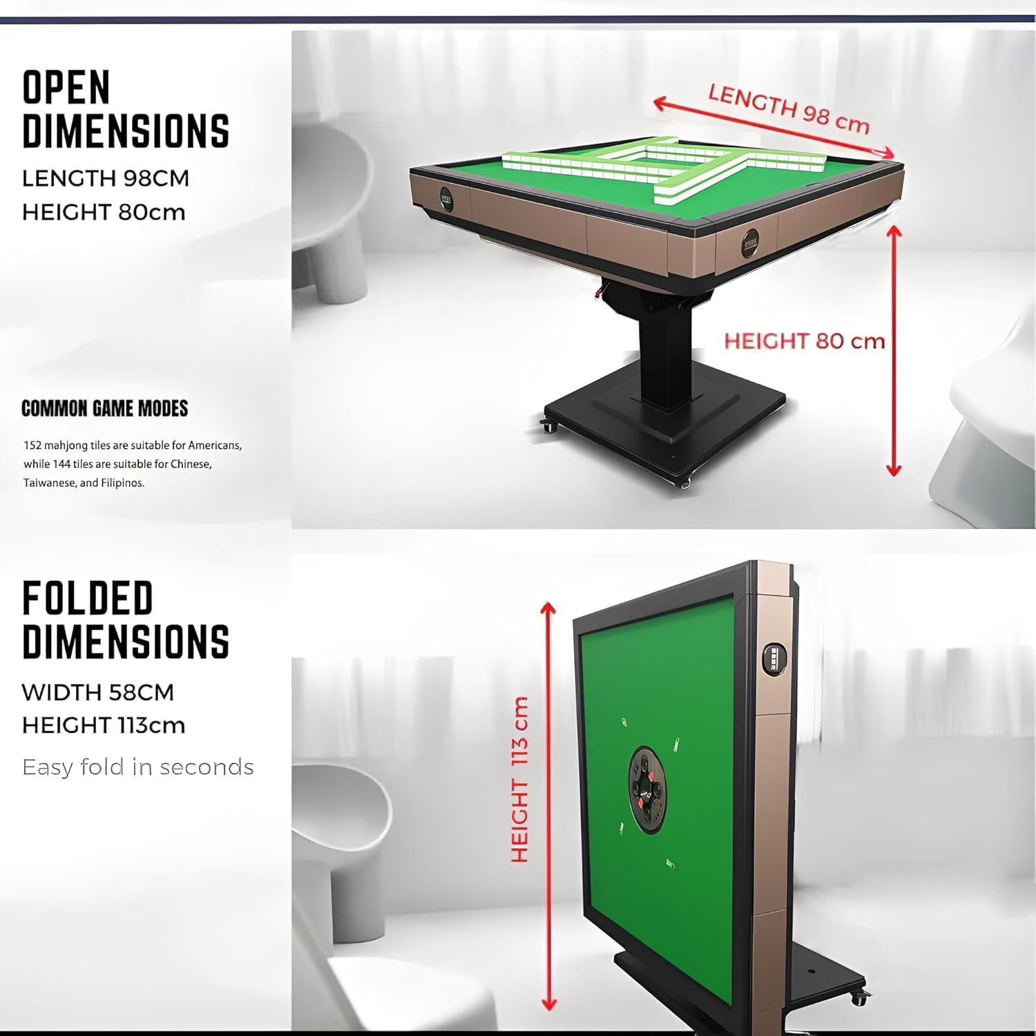 Automatic mahjong table Suitable for Americans, Filipinos, Chinese,Folding Electric Mahjong Table ，Two sets of 42mm mahjong tiles set， quiet shuffling, USB Charging（Easy to install）