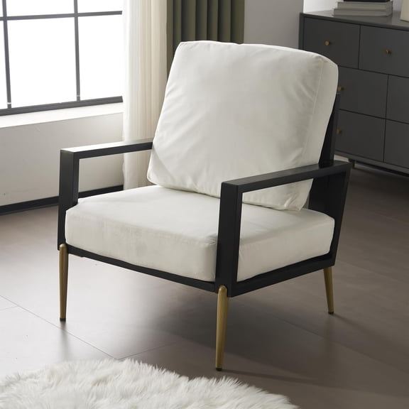 Modern Low Back Upholstered Accent Armchair with Gold Metal Legs & Rubberwood Frame, Chic Wide Armrest Minimalist Lounge Chair with Pillow Back, Single Sofa Chair for Living Room&Balcony, White