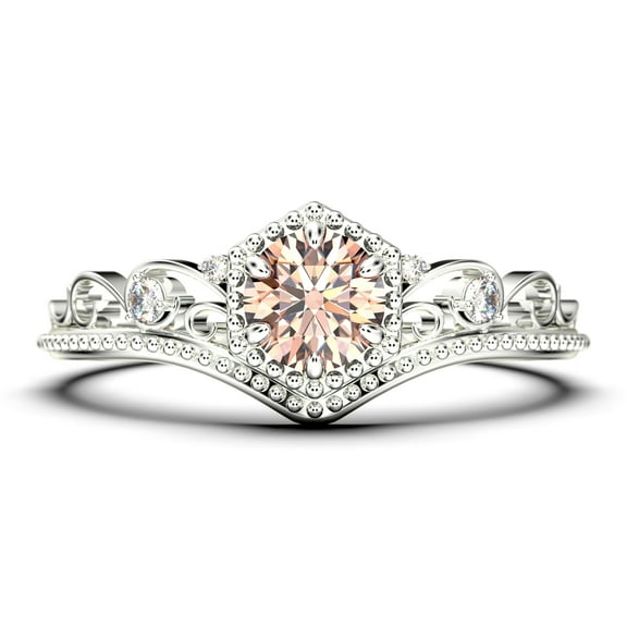 Antique Art Deco 1.50 Carat Round Cut Crown Morganite And Diamond Moissanite Engagement Ring, Engraved Wedding Ring In 925 Sterling Silver With 18K White Gold Plating, Gift, Anniversary Rings