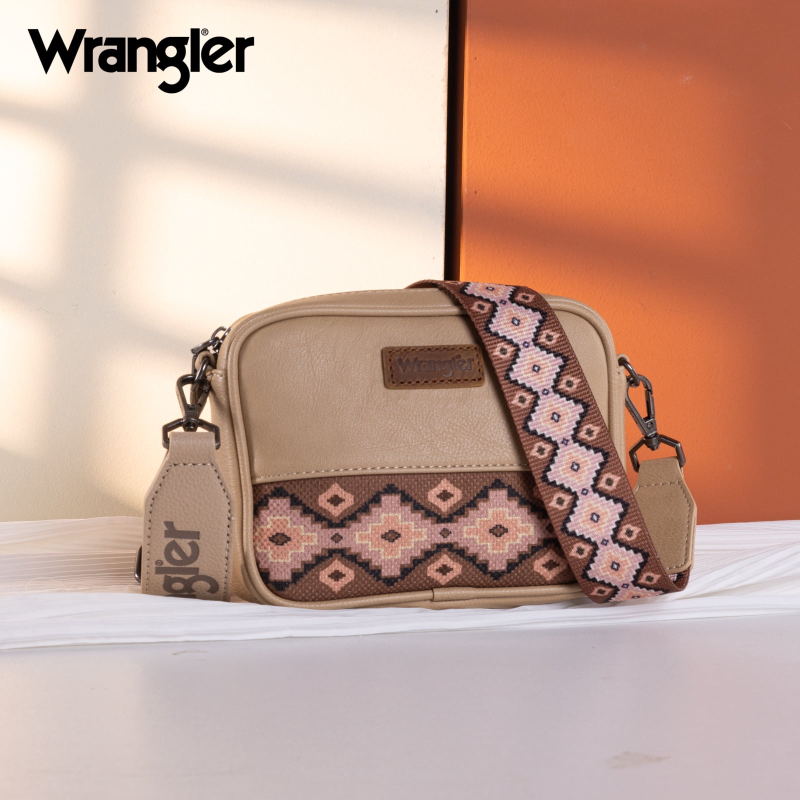 Wrangler Crossbody Bag for Women Aztec Mini Crossover Purse with Guitar Strap, Khaki With Dark Brown