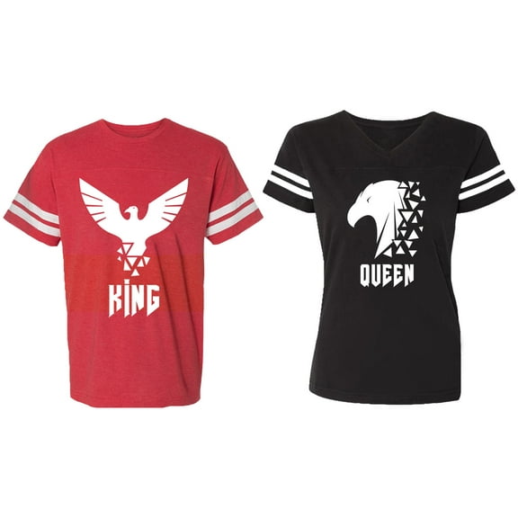 King Queen Eagle White Matching Couple Cotton Jerseys (Men Red / Women Black) (Men S / Women S)