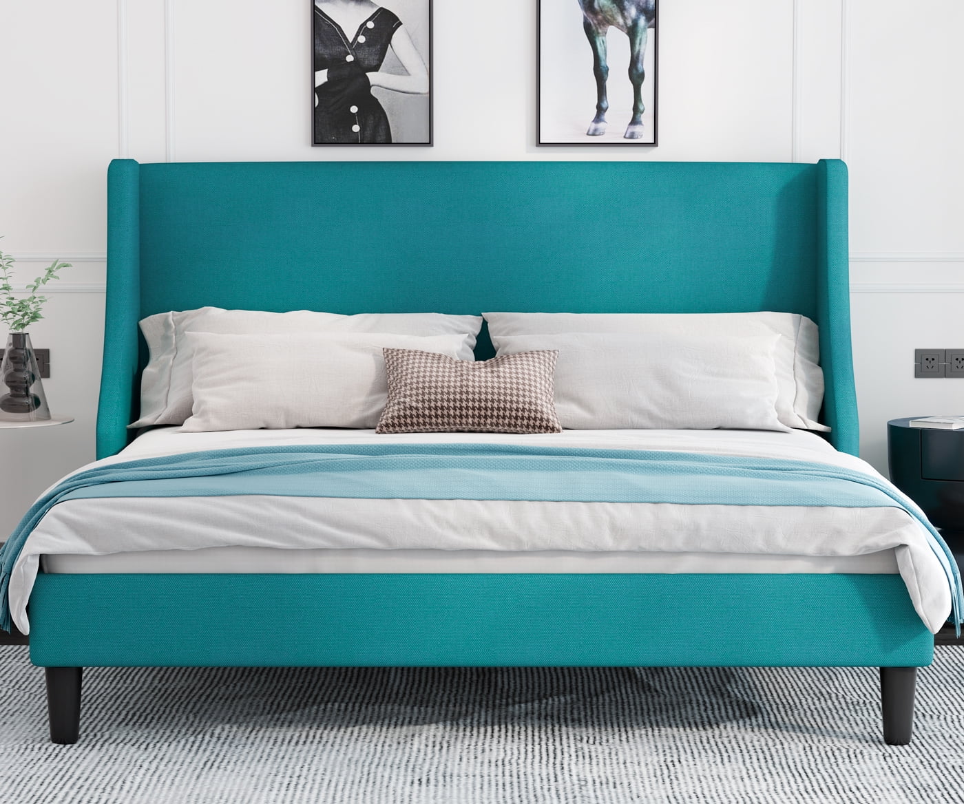 Allewie King Size Fabric Upholstered Platform Bed Frame with Wingback Headboard, Jade Green