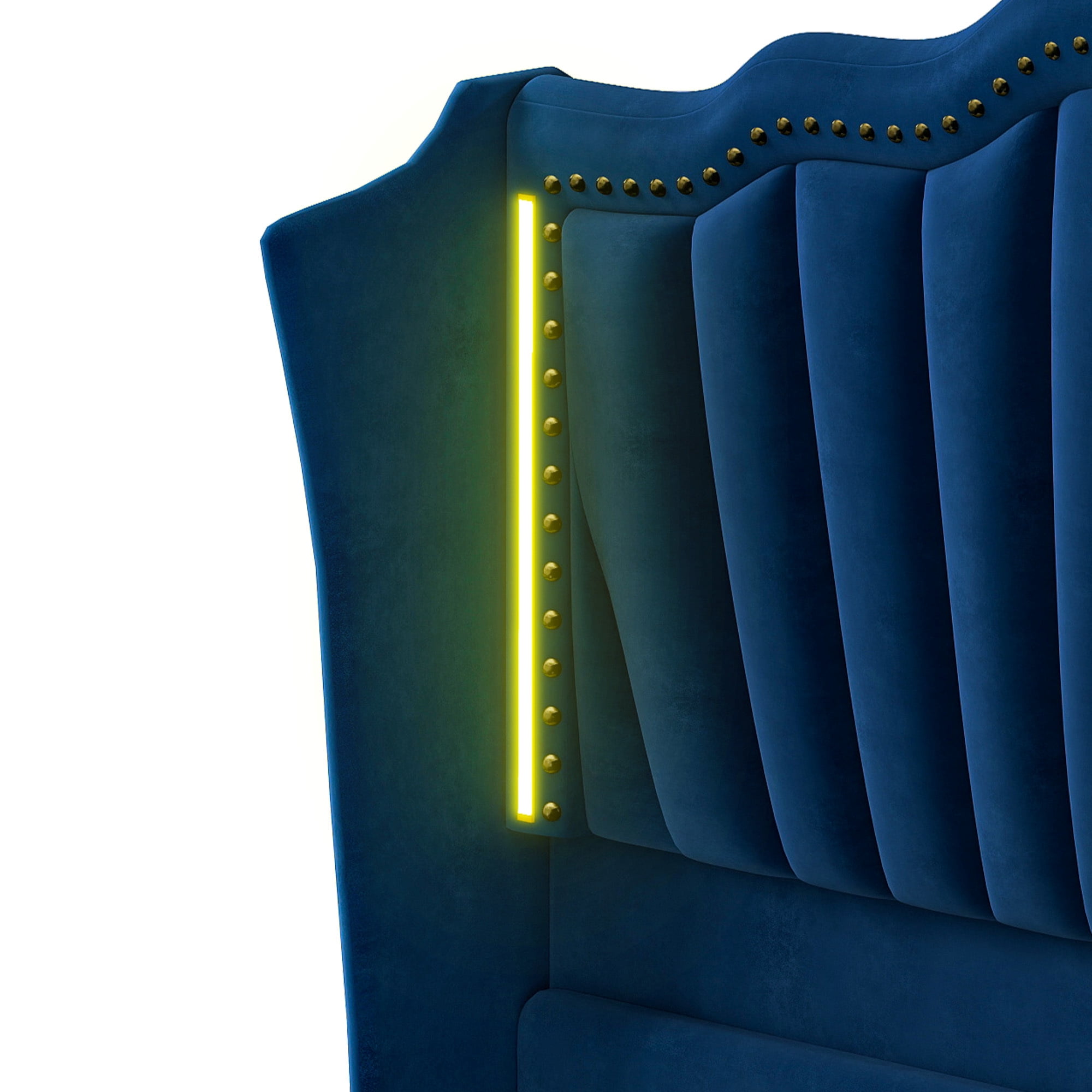 Uforic Upholstered Queen Size Platform Bed Frame with LED Lights & Tall Headboard & Footboard, Blue