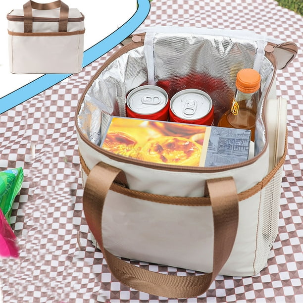 Bolsa de Picnic Aislada de Tela Oxford con Forro de Aluminio, Tote Impermeable y Antifugas para Almuerzo, Bolso de Mano Beige de Gran Capacidad 24x16x16cm