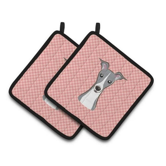 Checkerboard Pink Italian Greyhound Pair of Pot Holders, 7.5 x 3 x 7.5 in.