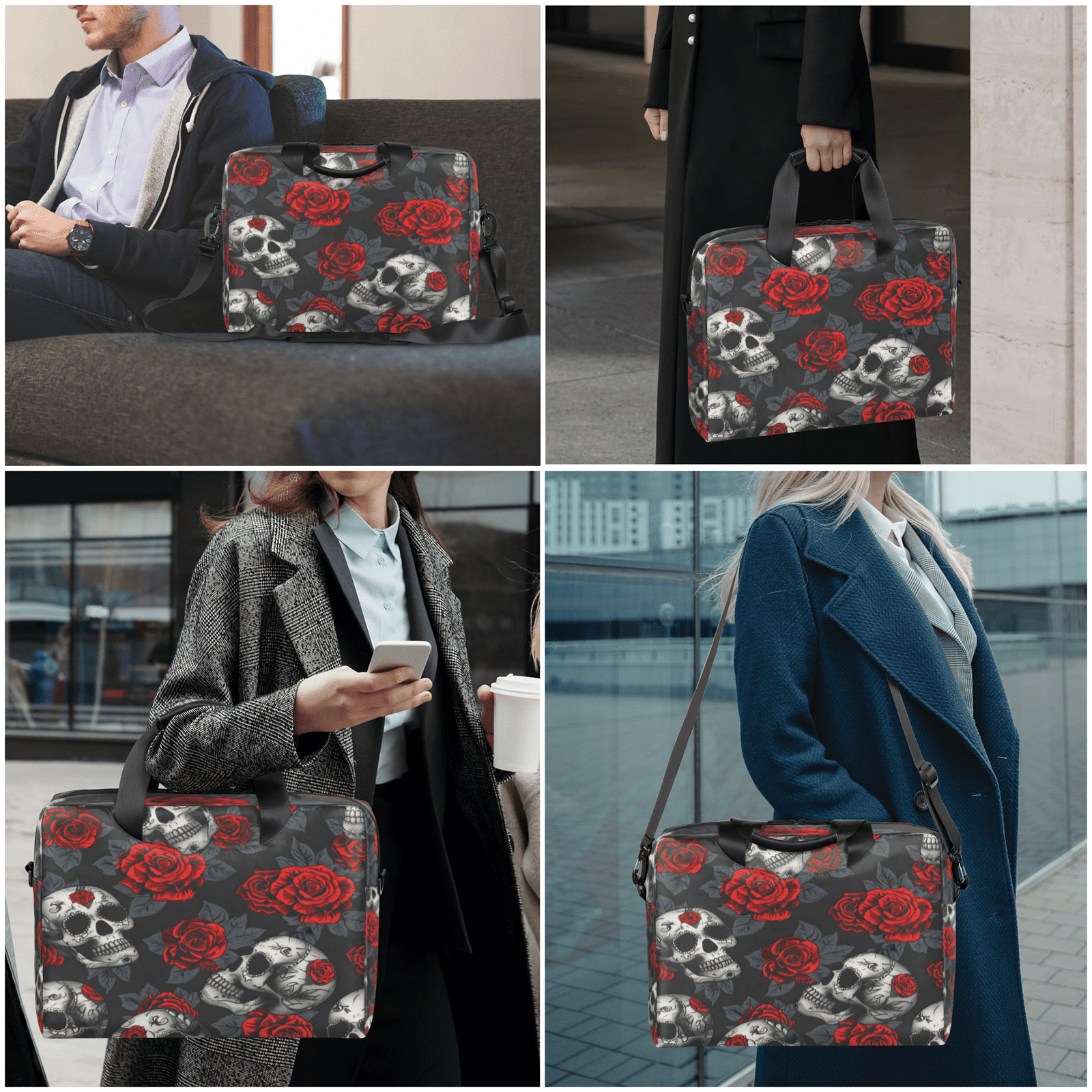 Herdesigns Skulls And Roses Laptop Bag for Women Men, Computer Case Briefcase Messenger Bags, 15-15.6 inch Laptop Sleeve Shoulder Bag