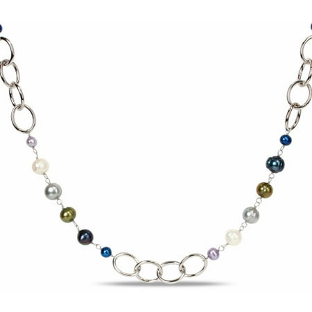 Multi-Size Multi-Color Irregular Shape Cultured Freshwater Pearl White-Plated Brass Endless Necklace, 35