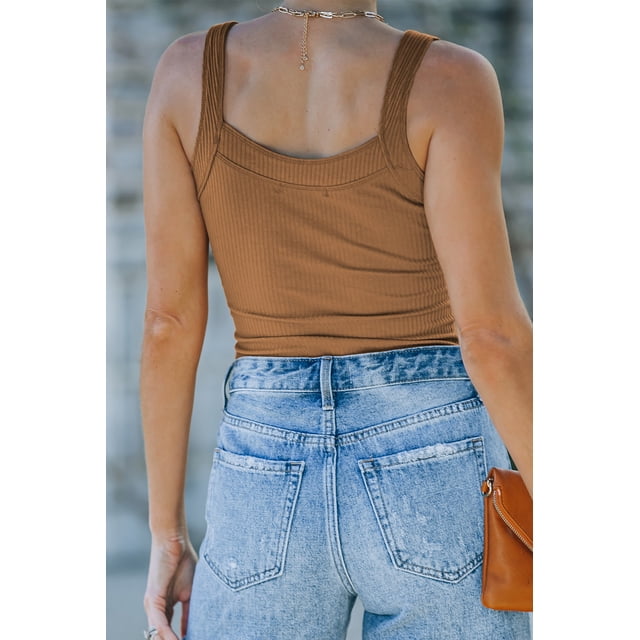 ABPHQTO Camiseta de tirantes de mujer entallada de canalé con botones marrón