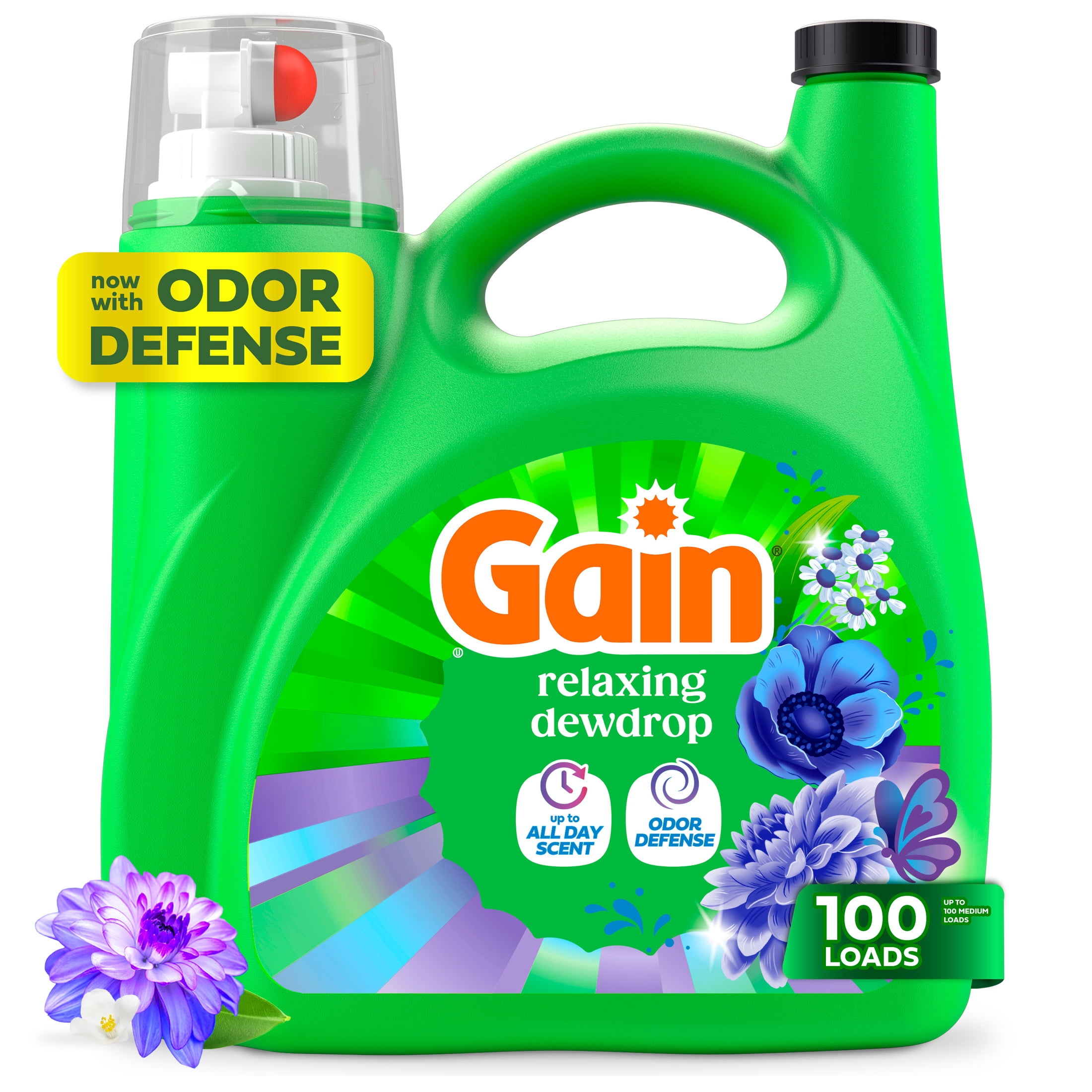 (4 pack) Gain Laundry Detergent Liquid, Now with Odor Defense, Relaxing Dewdrop Scent, 132 fl oz, 100 Loads