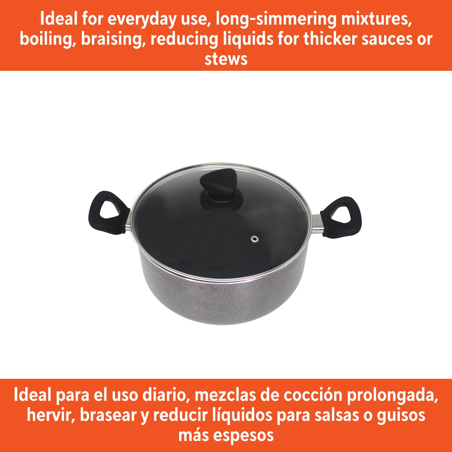 IMUSA 4.8qt Charcoal Aluminum Nonstick Stock Pot with Glass Lid & Soft touch Handles, Black