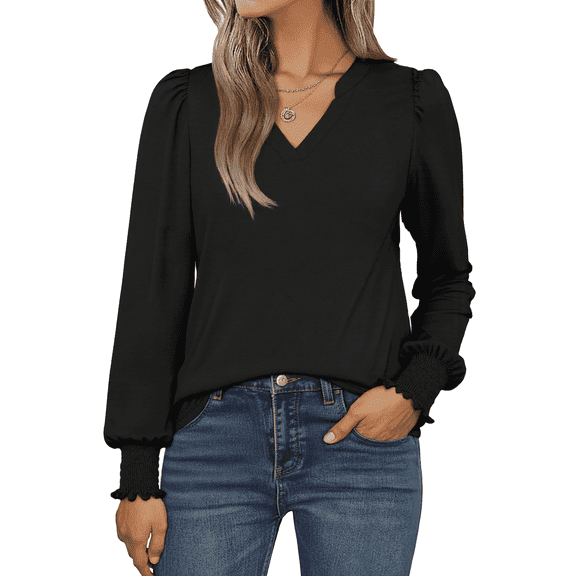 SOMER Womens Tops Fall Long Sleeve Shirts Business Casual V Neck Loose T-Shirts Dressy Work Tops with Smocked Cuffs