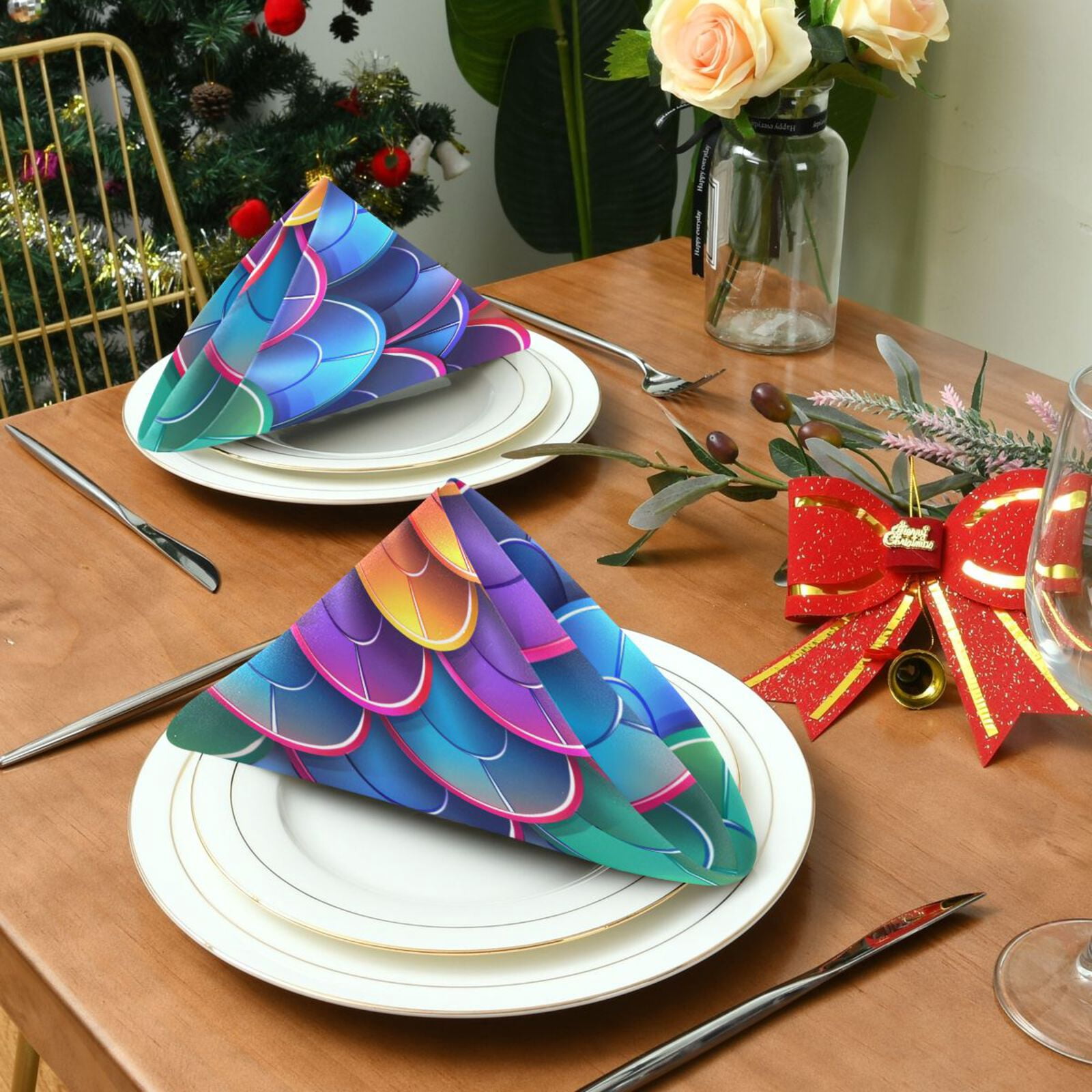 JSTEL Mermaid Print Rainbow Color Cloth Napkins Set of 6, 20x20 Inch Washable and Reusable Napkin for Decoupage Dinner Party Everyday Use