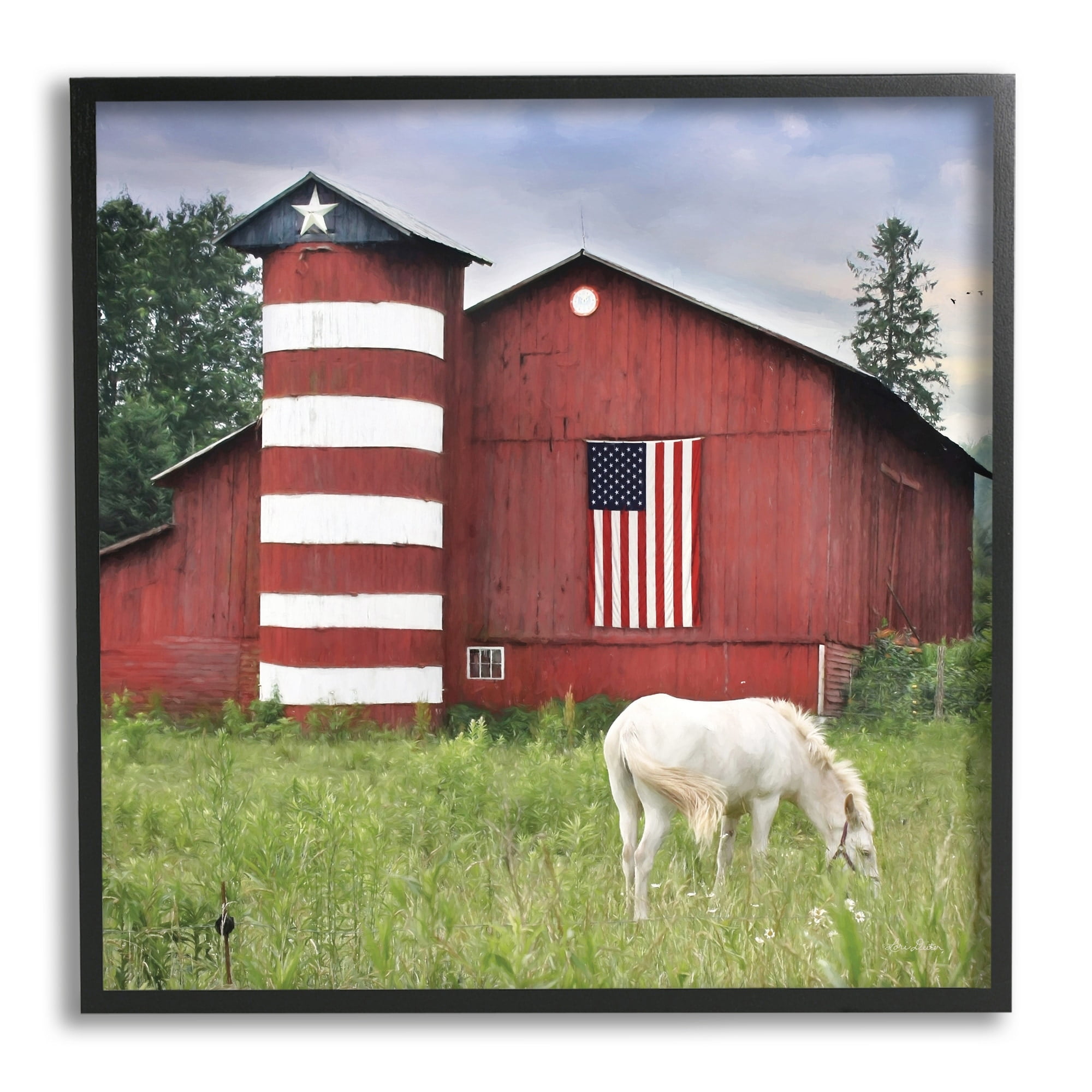 Stupell Industries Grazing White Horse Red Americana Barn Flag Painting White Framed Art Print Wall Art, Design by Lori Deiter