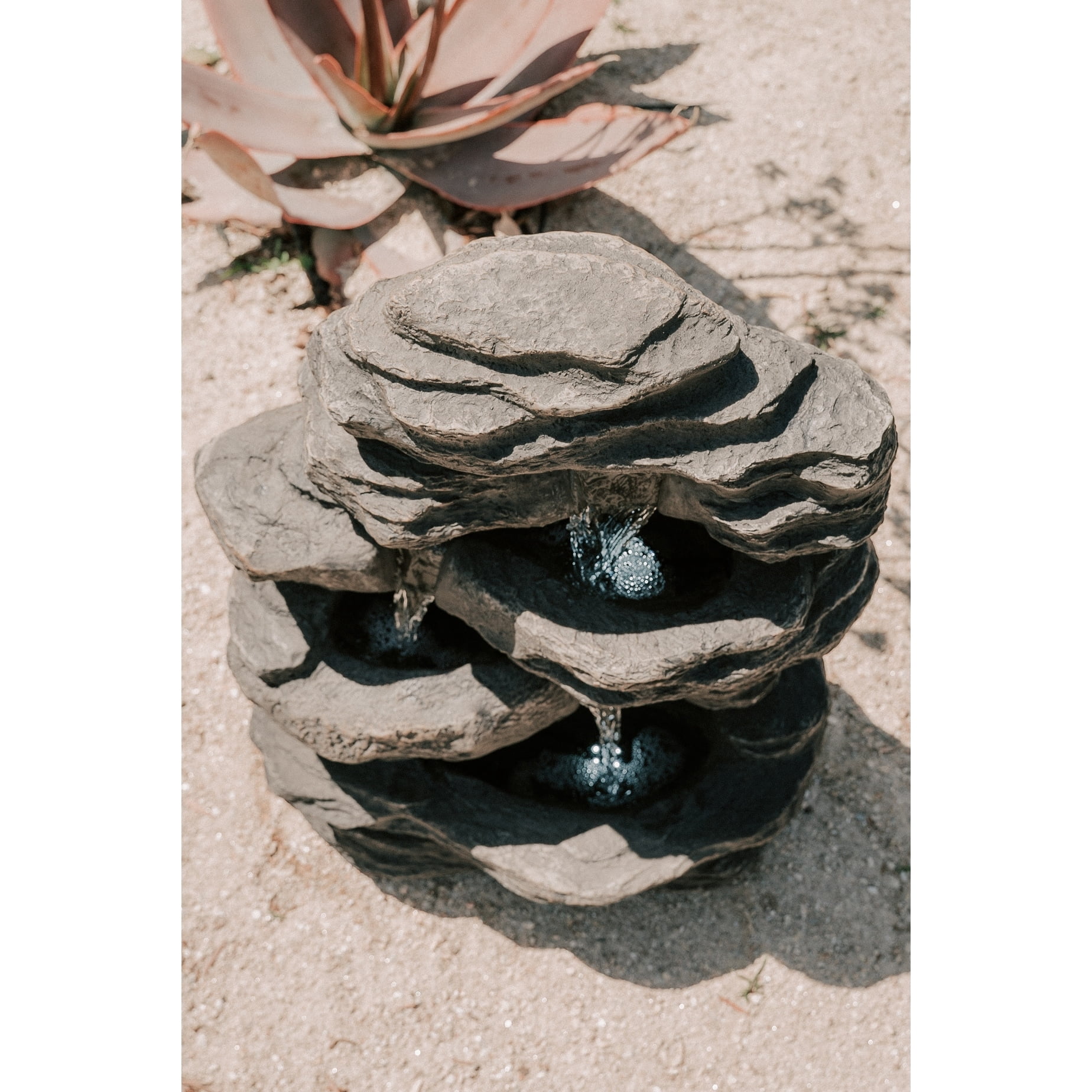 Xbrand 23.6"H Polystone/Stone Powder Indoor Outdoor 3-Tier Rocky Water Fountain with LED Lights for Home Garden Yard Décor