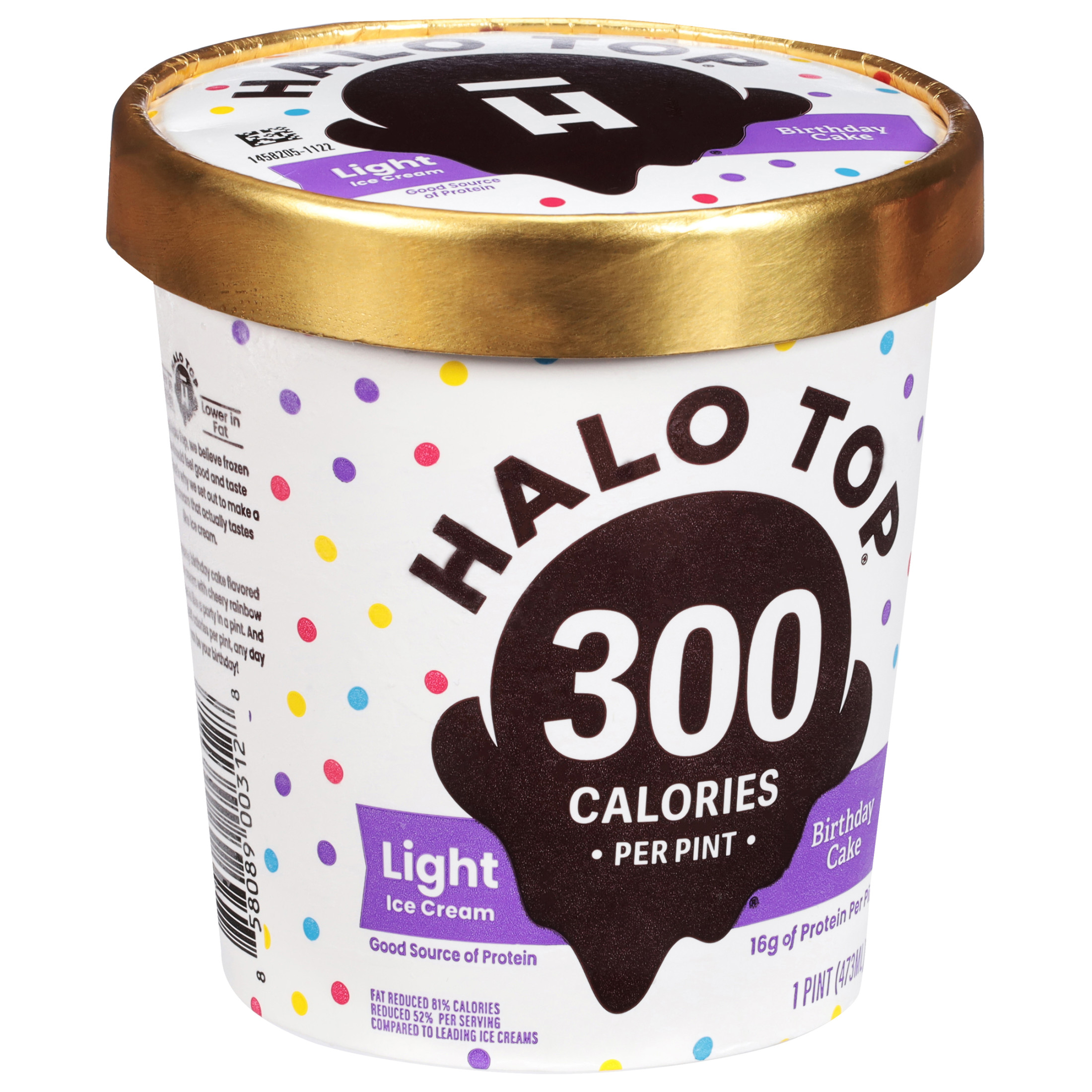 Halo Top Birthday Cake Light Ice Cream, With A Good Source of Protein, Lower Calorie Frozen Dessert, 16 fl oz Pint