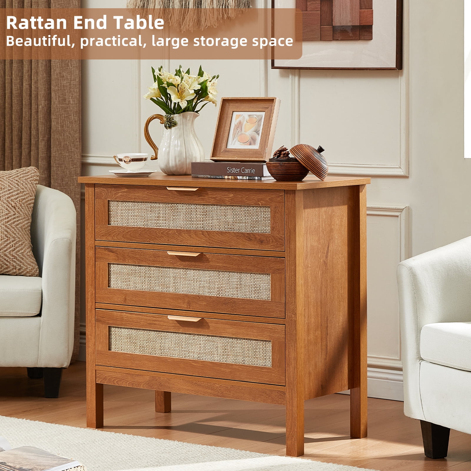 Leyaoyao 3-Drawer Storage Nightstand, 31.5" Wide Rattan Bedside Table, Boho Storage Cabinet with Shelf for Bedroom, Living Room - Tea Brown