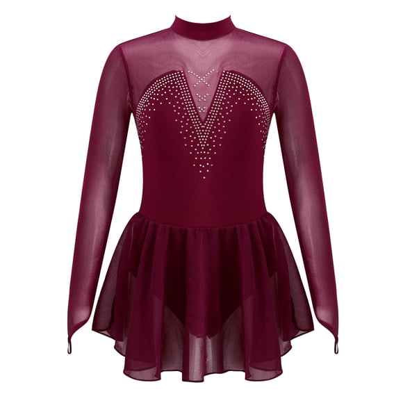 Aislor Petite Grande Fille Robe de Patinage sur Glace Ballet Manches Longues Strass Maille Justaucorps de Gymnastique Danse Bourgogne 6
