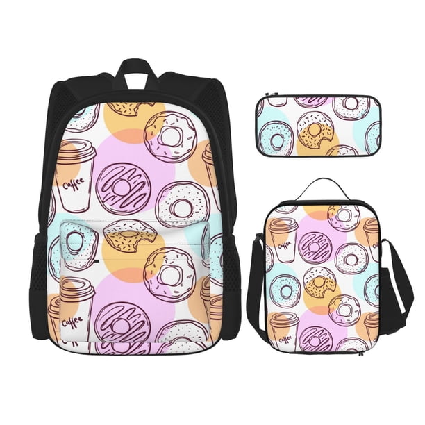 Fotbe Donuts and Coffee Set Escolar 3 en 1 para Niños - Mochila Duradera con Lonchera Aislante y Estuche para Lápices - Mochila Escolar para Niños y Niñas