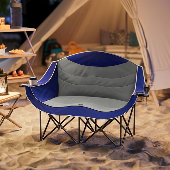 Demi Bonn Padded Folding Camp Chair for Adults, Double Camping Chair with Armrests, Cup Holders, Carry Bag for Outdoor, Blue