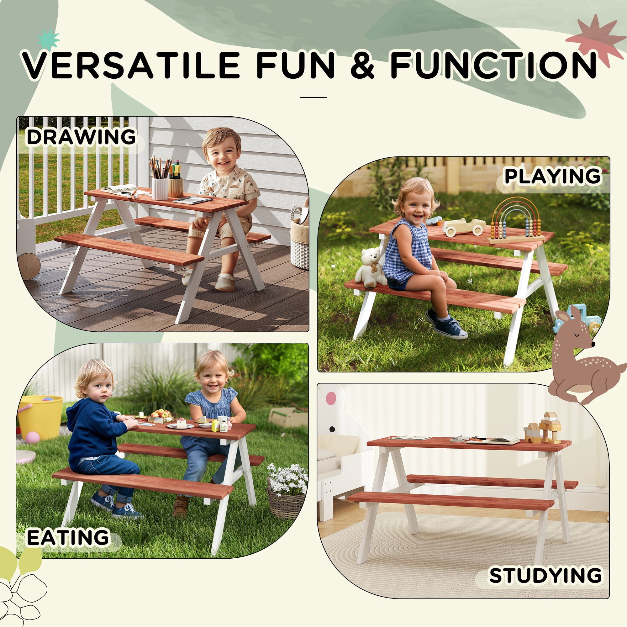 Kids Brown Wooden Picnic Bench Table Set, Durable Outdoor Garden Furniture, Ages 3-8