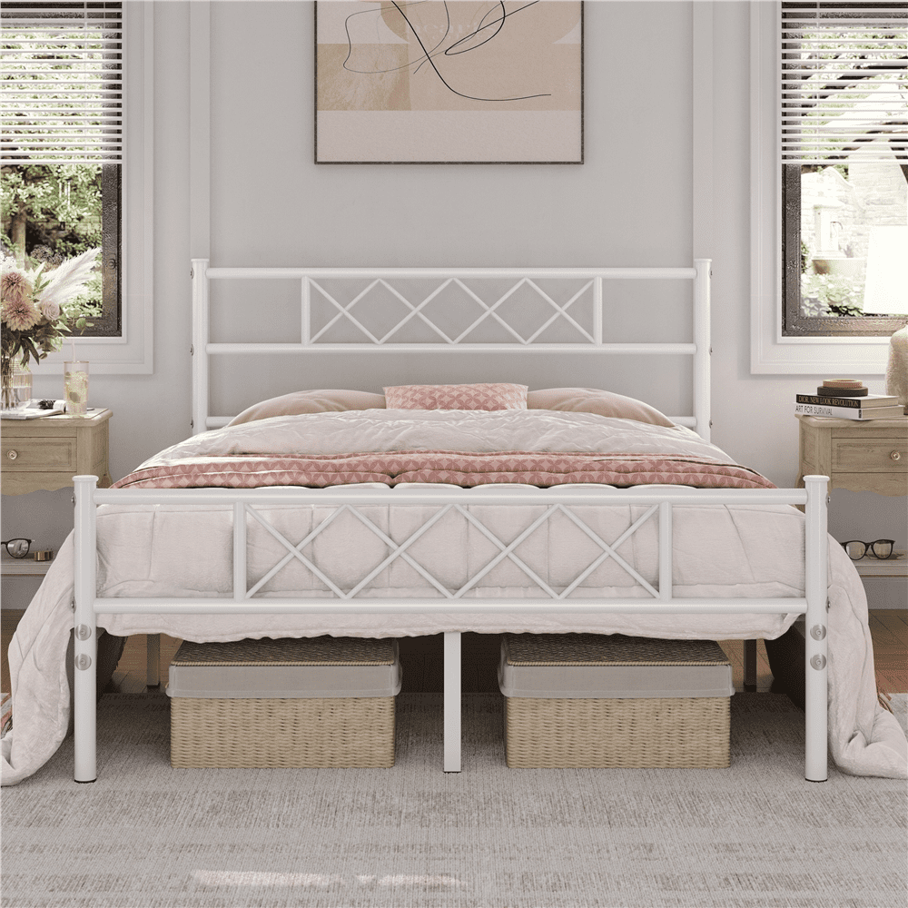 Yaheetech Metal Platform Bed Frame with Headboard and Footboard, Queen Size, White