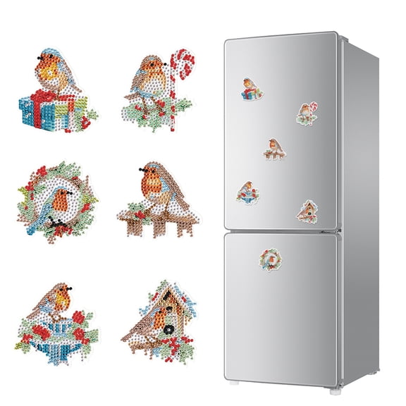 6pcs Diamond Painting Kit Fridge Magnets Christmas Bird DIY Glitter Magnetic Stickers Creative Fridge Decor for Kitchen and Holiday Gifts