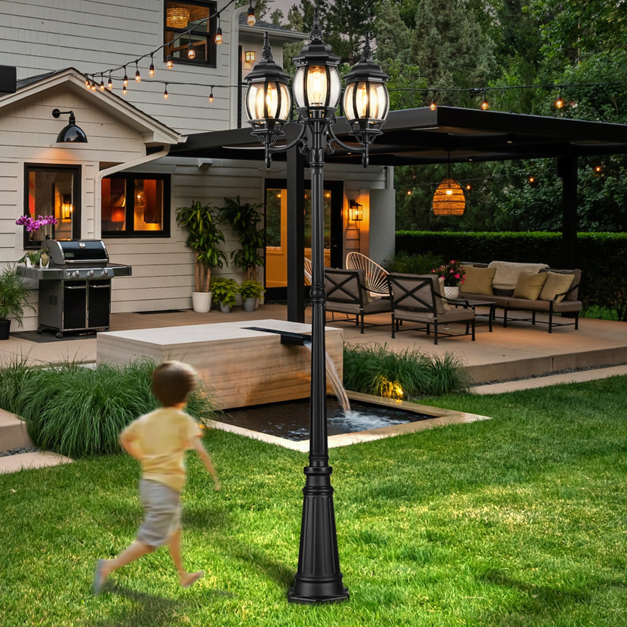 VIANIS Lamp Posts Outdoor Lighting, 3-Head Lights for Outside with E26 Socket, Dusk To Dawn Sensor Street Light With Tempered Glass Panels For Backyard, Garden, Christmas Lights
