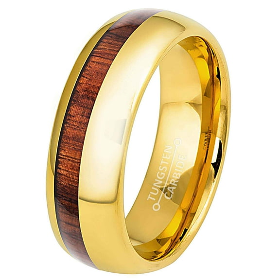 Jewelry Avalanche Koa Wood Inlay Gold Tungsten Wedding Ring, Mens Polished Dome Engagement Band 8MM