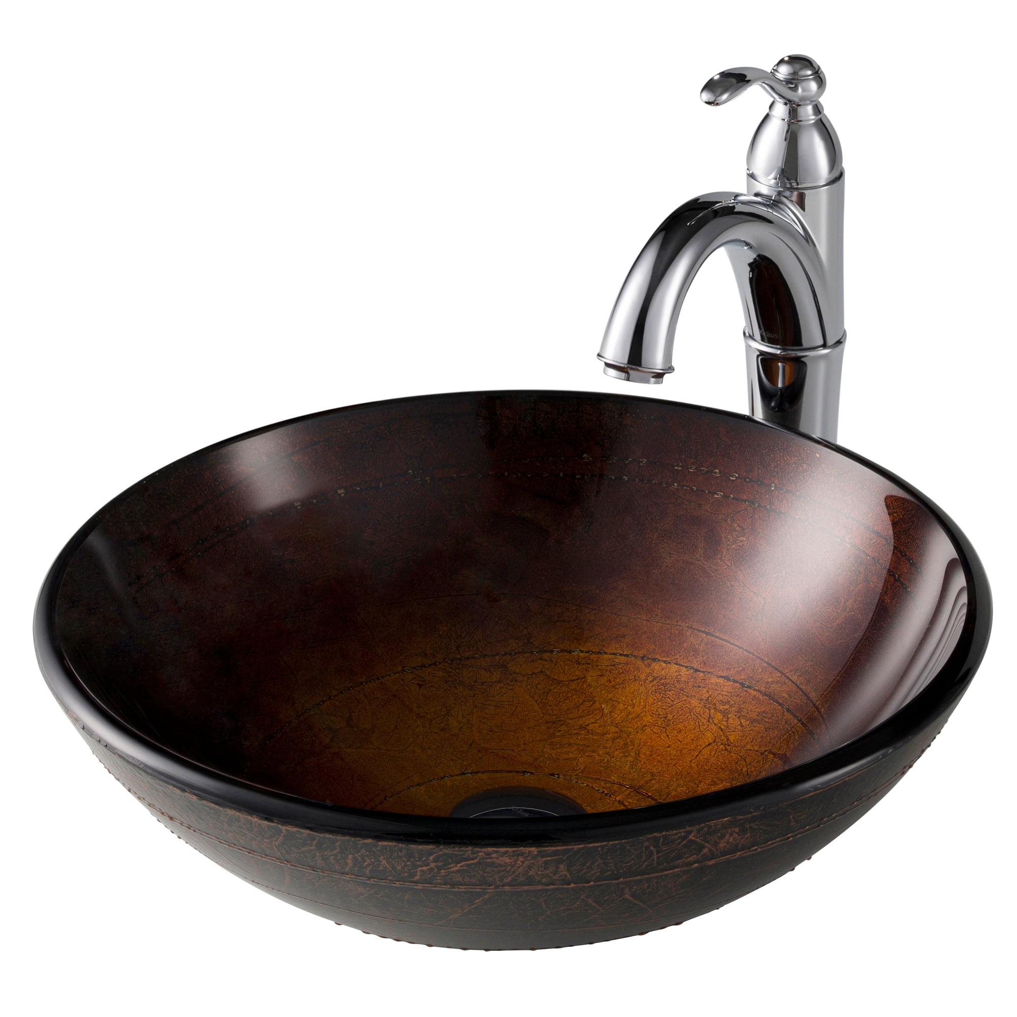 Kraus Copper Brown Glass Bathroom Vessel Sink And Riviera Faucet Combo Set With Pop Up Drain