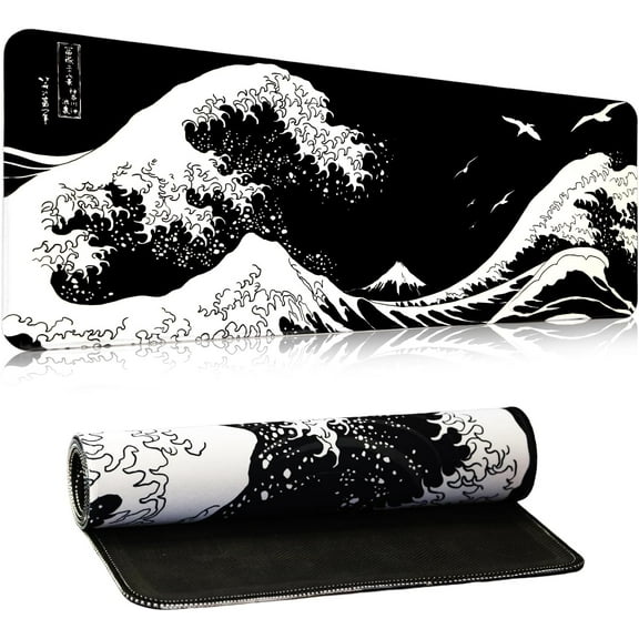 Black Large Mouse Pad Japanese Sea Wave Anime Gaming Mouse Pad Extended Kanagawa Non-Slip Rubber Base Mouse Mat 31.5 X 11.8 Inch Stitched Edges Keyboard Mice Pad Desk Pad