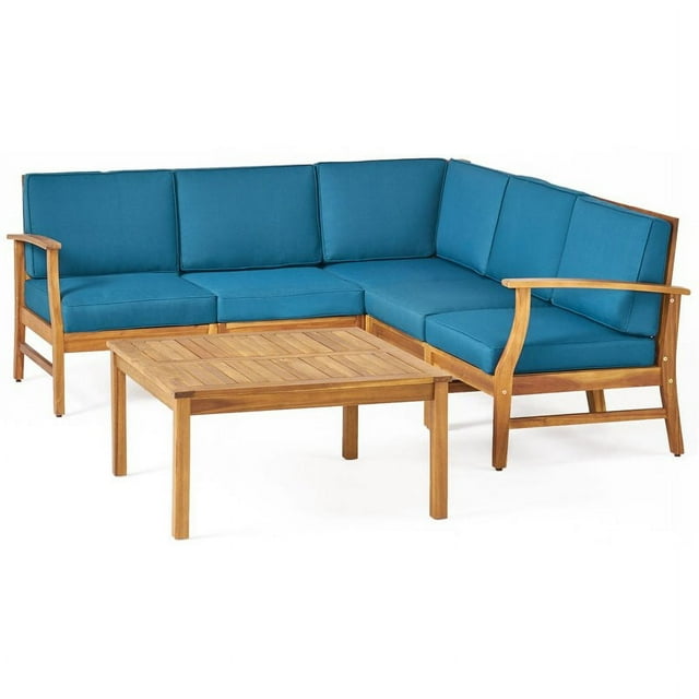 Noble House Perla Ensemble de Conversation Extérieur en Bois 6 Pcs avec Coussins Résistants à l'Eau Bleus