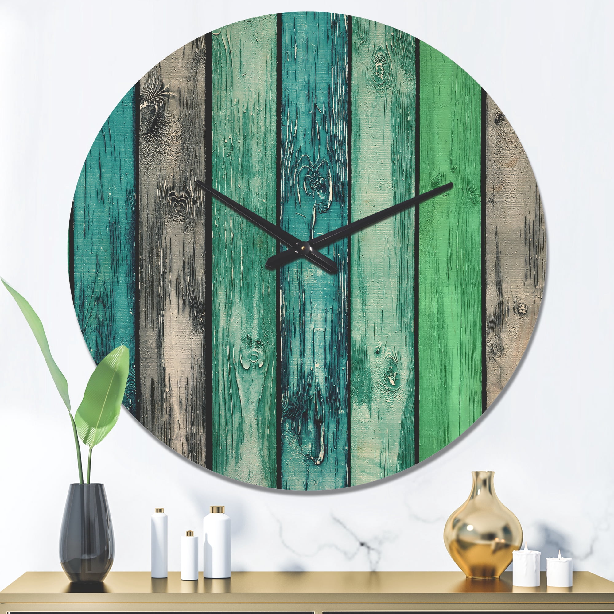 Designart 'Green and Blue Painted Wooden Planks ' Farmhouse Wood Wall Clock
