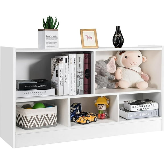 Killeryuki 5 Cube Storage Organizer, 2-Tier Horizontal Bookshelf, Wooden Display Book Shelves for Home Office Classroom, Low Bookcase Under Window (White, 44” x 12” x 24”)