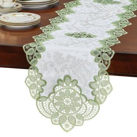 Adorning Crochet Lace Table Topper - Beautiful Crochet Lace Details, Elegant Brocade Background - Machine Washable - Polyester