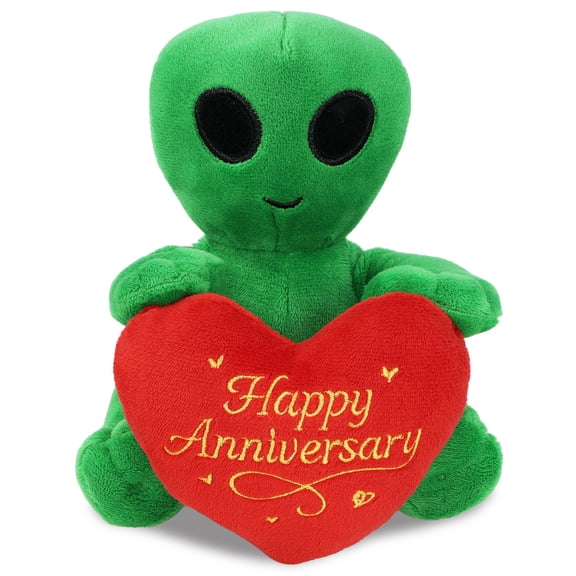 DolliBu Alien Stuffed Animal with Happy Anniversary Red Heart Plush - Soft and Cuddly Fantasy Alien Plush Toy Gift for Couples or Friends - 6 Inches