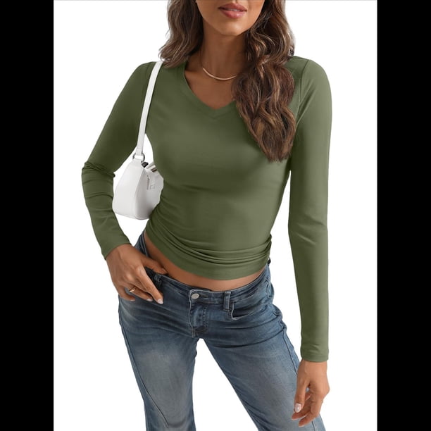 Camisas de Larga para Mujer, Moda de Otoño 2025, Cuello en V, Blusas Básicas, Blusas Ajustadas Y2K, Conjuntos Verde XL