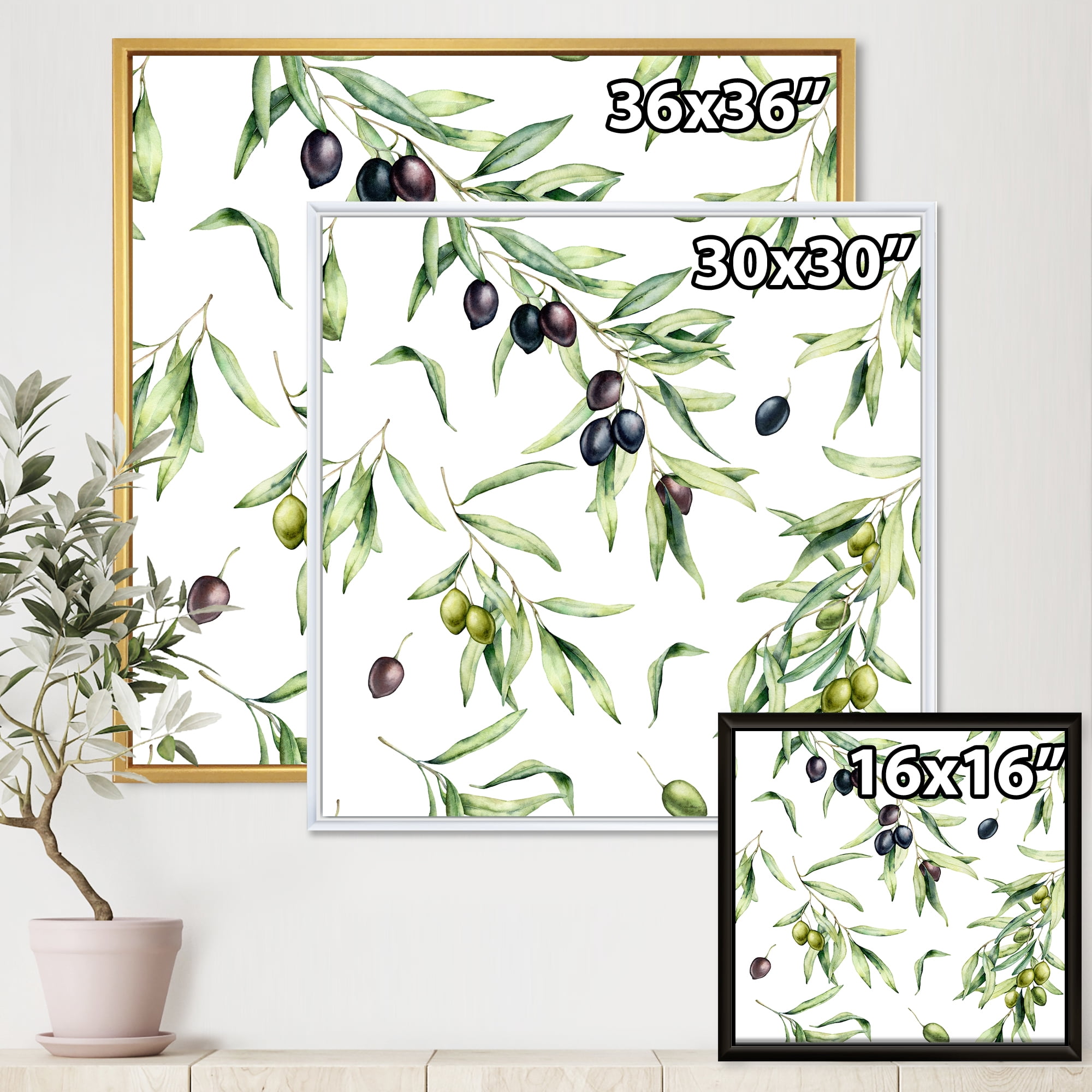 Designart 'Black and Green Olives With Olive Branches & Leaves' Lake House Framed Canvas Wall Art Print