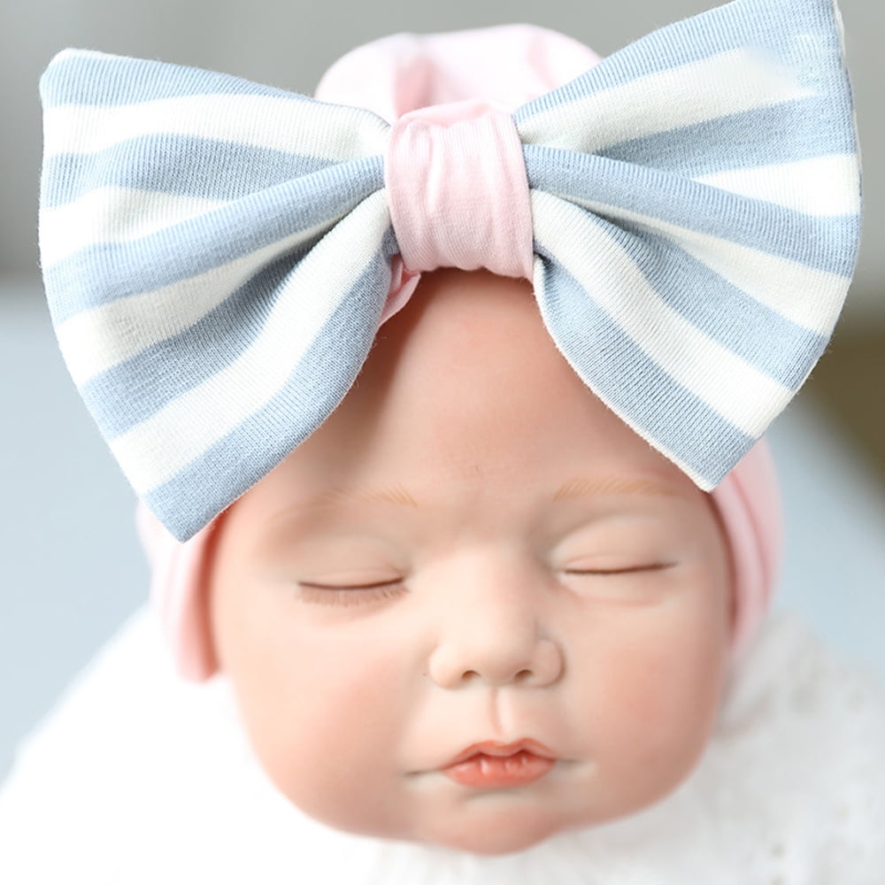 Baby Girls Infant Striped Soft Hat with Bow Cap Hospital Newborn Beanie 