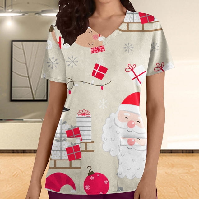 DPTALR Hauts pour Femmes Manches Courtes Col en V Uniforme de Travail Imprimé de Noël avec Poche Blouse