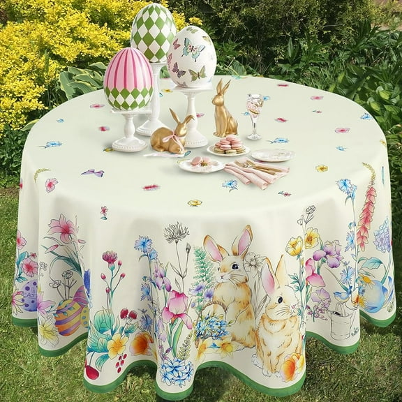 Easter Round Tablecloth 60 inch Diameter Spring Floral and Bunny Table Cloths Spill Proof Wrinkle Table Cloth for Kitchen Dining Decoration Holiday Parties